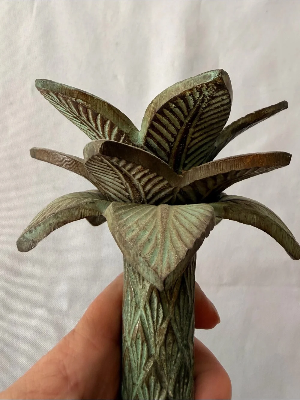 Vintage Verdigris Tropical Palm Tree Candle Holder Heavy